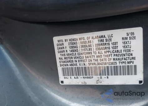 2005 Honda Odyssey Ex z USA, uszkodzony, nr VIN 5FNRL38425B103825